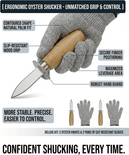 Oyster Shucking Knife, 2 Pack Oyster Knife Shucker Set with 2 Professional Grade Cut Resistant Gloves, Stainless Steel Seafood Opener Tools