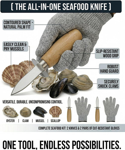 Oyster Shucking Knife, 2 Pack Oyster Knife Shucker Set with 2 Professional Grade Cut Resistant Gloves, Stainless Steel Seafood Opener Tools