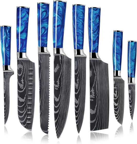 SENKEN 8-Piece Japanese Knife Set - Blue Resin Handle, Laser Damascus Blades - Chef's, Santoku, Bread & Paring Knives