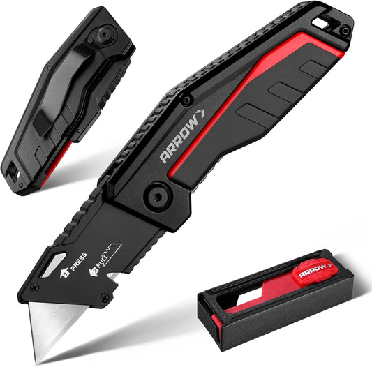 ARROW Folding Utility Knife, Quick Change Box Cutter with 10 Blades | Aluminum Handle, Liner Lock, Belt Clip, Heavy Duty Design, Razor Sharp SK2 Blades, Package Opening, DIY, Workshop Use