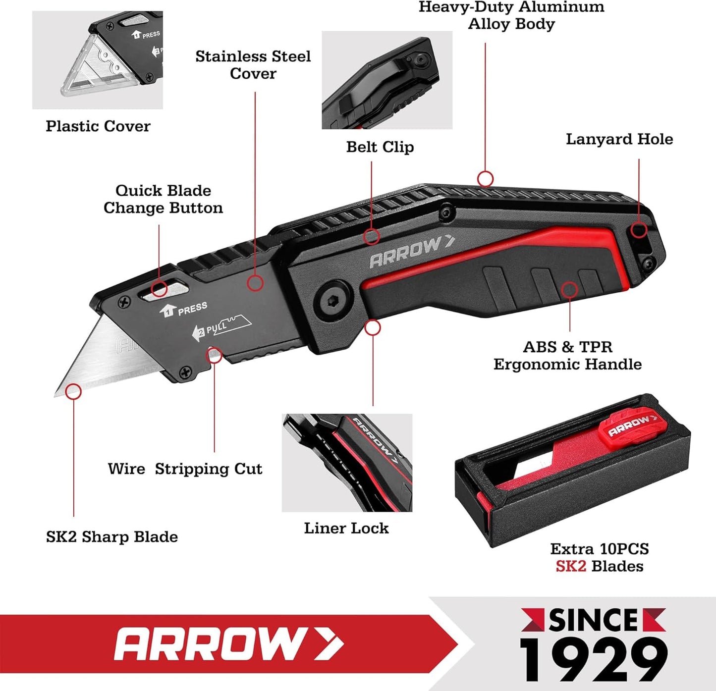 ARROW Folding Utility Knife, Quick Change Box Cutter with 10 Blades | Aluminum Handle, Liner Lock, Belt Clip, Heavy Duty Design, Razor Sharp SK2 Blades, Package Opening, DIY, Workshop Use