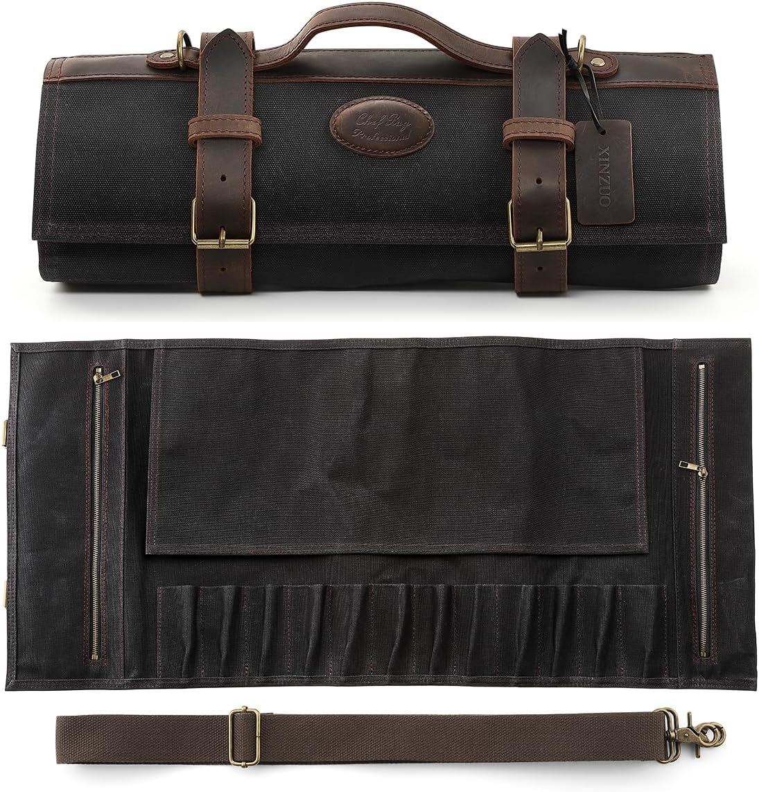 Chef Knife Roll Bag Professional,16oz Waxed Canvas and Crazy Horse Leather,12 Slots Plus 2 Zipper Pockets,Adjustable Shoulder Strap-Travel Tool Roll Pouch(Bag Only)