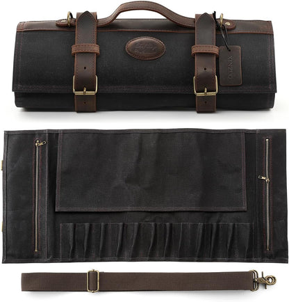 Chef Knife Roll Bag Professional,16oz Waxed Canvas and Crazy Horse Leather,12 Slots Plus 2 Zipper Pockets,Adjustable Shoulder Strap-Travel Tool Roll Pouch(Bag Only)