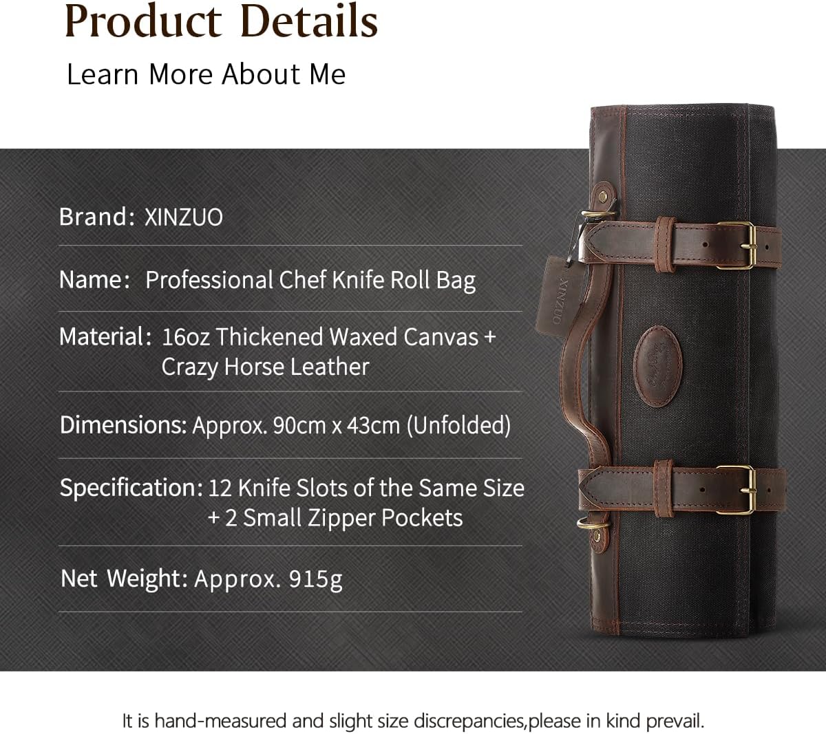 Chef Knife Roll Bag Professional,16oz Waxed Canvas and Crazy Horse Leather,12 Slots Plus 2 Zipper Pockets,Adjustable Shoulder Strap-Travel Tool Roll Pouch(Bag Only)
