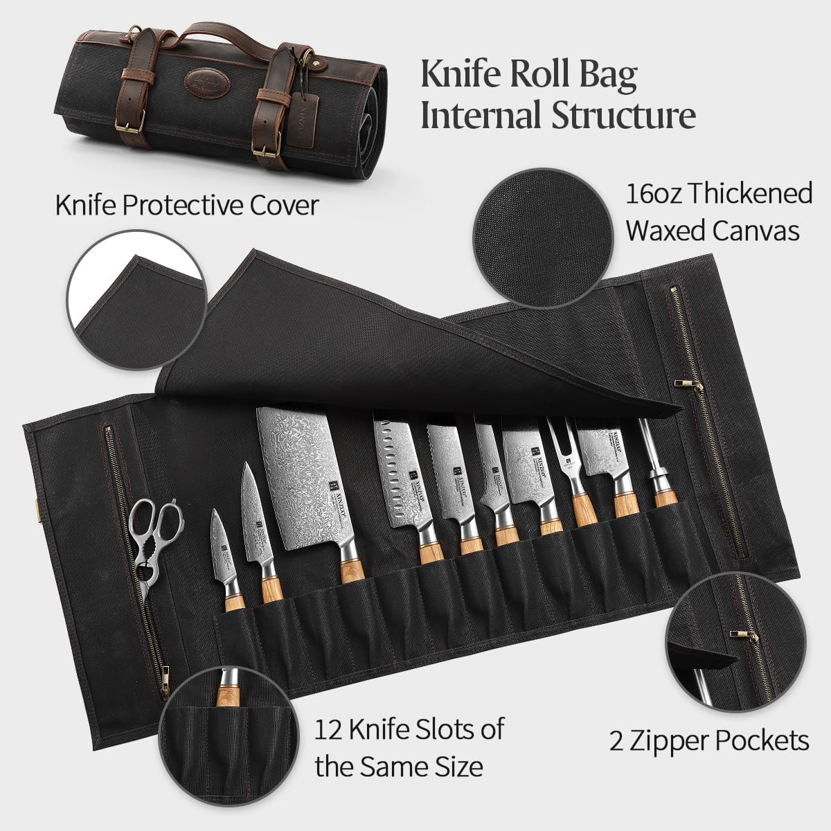 Chef Knife Roll Bag Professional,16oz Waxed Canvas and Crazy Horse Leather,12 Slots Plus 2 Zipper Pockets,Adjustable Shoulder Strap-Travel Tool Roll Pouch(Bag Only)