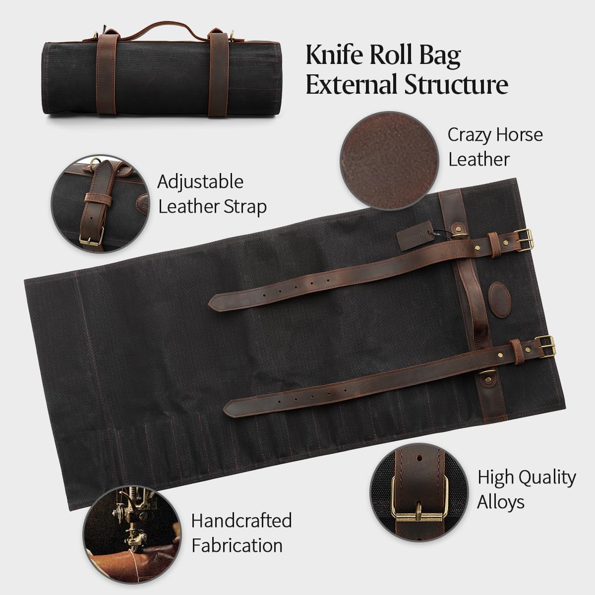 Chef Knife Roll Bag Professional,16oz Waxed Canvas and Crazy Horse Leather,12 Slots Plus 2 Zipper Pockets,Adjustable Shoulder Strap-Travel Tool Roll Pouch(Bag Only)