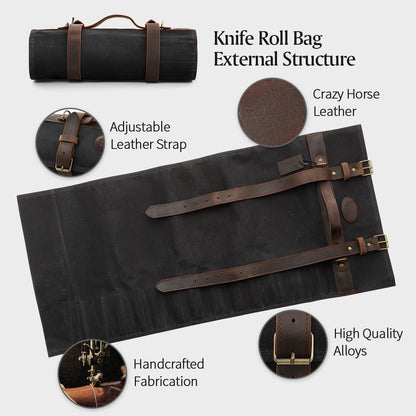 Chef Knife Roll Bag Professional,16oz Waxed Canvas and Crazy Horse Leather,12 Slots Plus 2 Zipper Pockets,Adjustable Shoulder Strap-Travel Tool Roll Pouch(Bag Only)