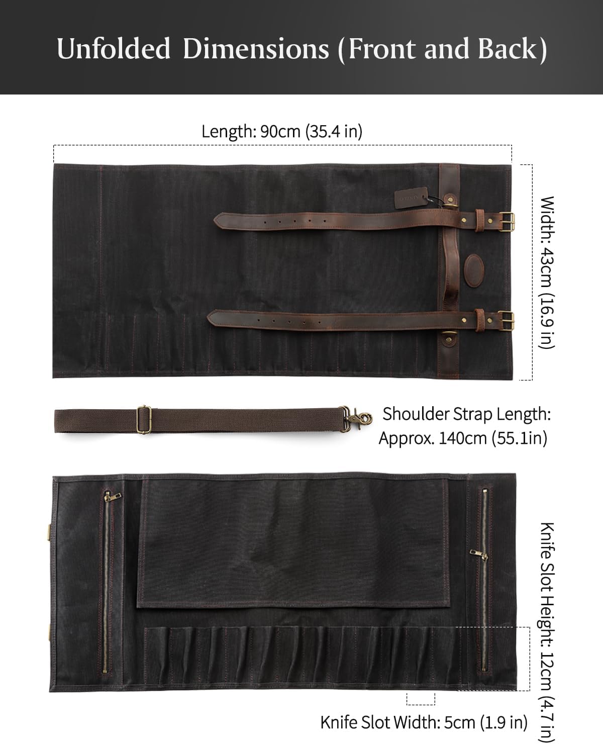 Chef Knife Roll Bag Professional,16oz Waxed Canvas and Crazy Horse Leather,12 Slots Plus 2 Zipper Pockets,Adjustable Shoulder Strap-Travel Tool Roll Pouch(Bag Only)