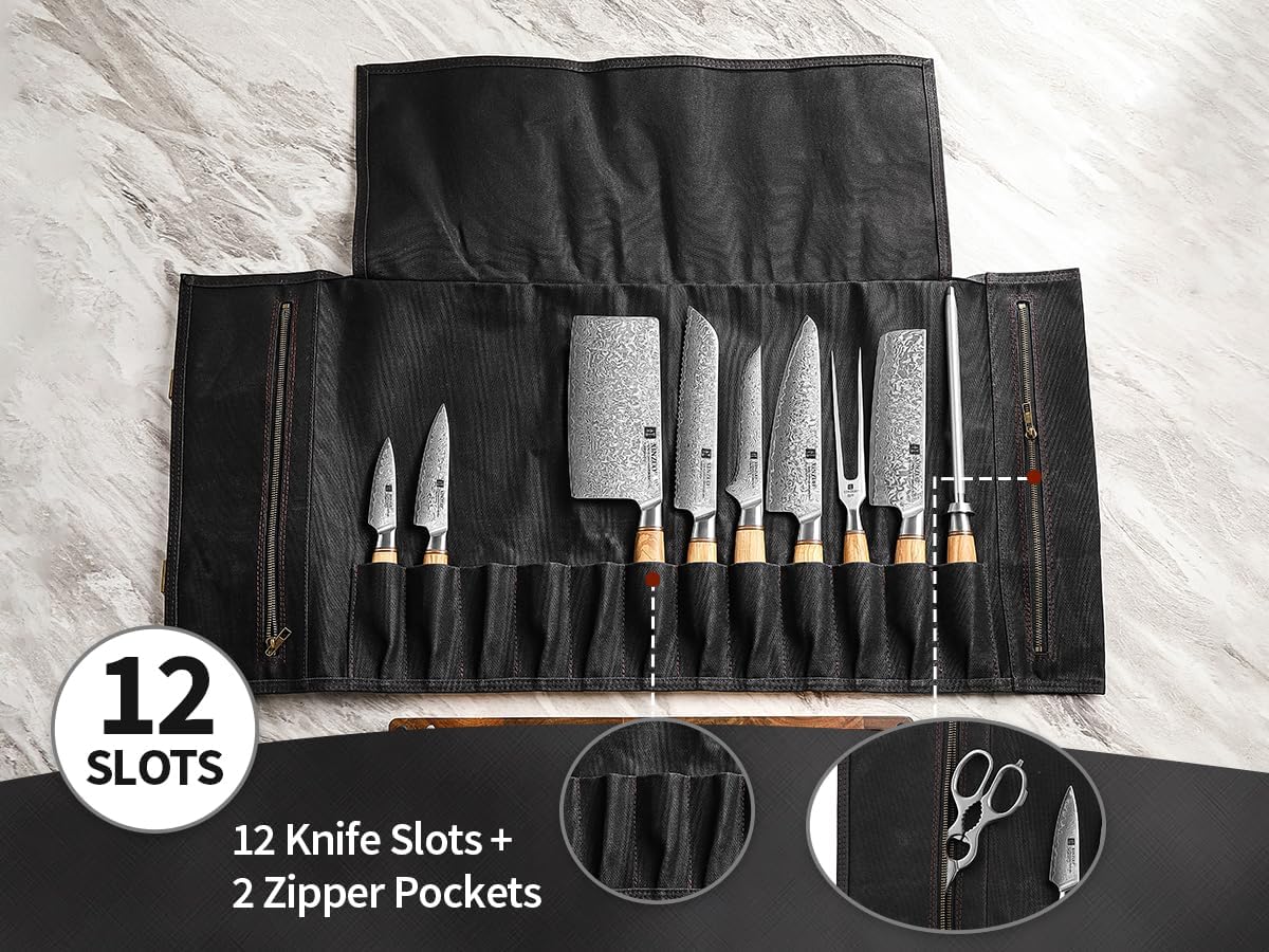 Chef Knife Roll Bag Professional,16oz Waxed Canvas and Crazy Horse Leather,12 Slots Plus 2 Zipper Pockets,Adjustable Shoulder Strap-Travel Tool Roll Pouch(Bag Only)