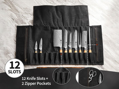 Chef Knife Roll Bag Professional,16oz Waxed Canvas and Crazy Horse Leather,12 Slots Plus 2 Zipper Pockets,Adjustable Shoulder Strap-Travel Tool Roll Pouch(Bag Only)