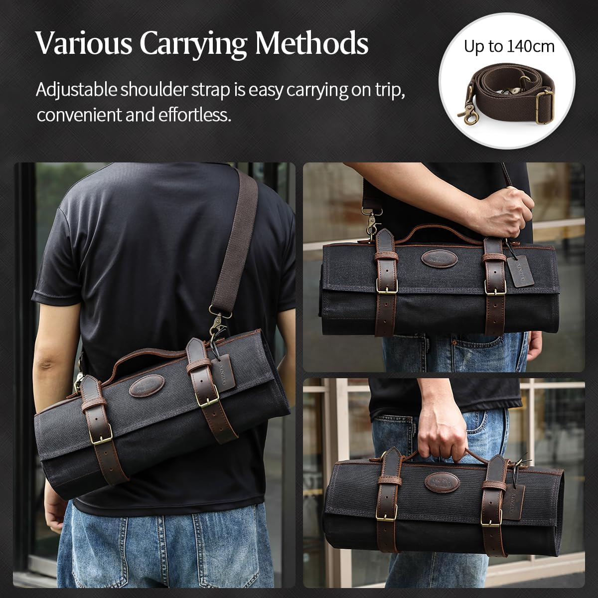 Chef Knife Roll Bag Professional,16oz Waxed Canvas and Crazy Horse Leather,12 Slots Plus 2 Zipper Pockets,Adjustable Shoulder Strap-Travel Tool Roll Pouch(Bag Only)