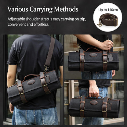 Chef Knife Roll Bag Professional,16oz Waxed Canvas and Crazy Horse Leather,12 Slots Plus 2 Zipper Pockets,Adjustable Shoulder Strap-Travel Tool Roll Pouch(Bag Only)