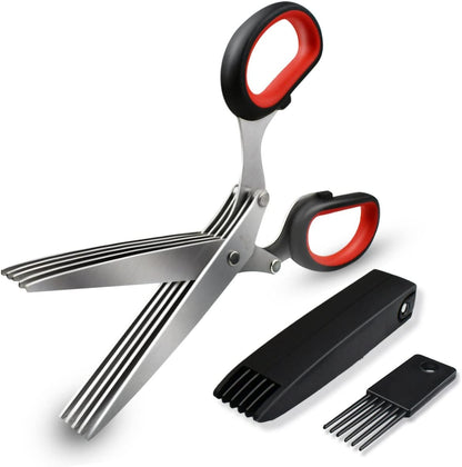 5-Blade Herb Cutter Scissors with Safety Cover, Cleaning Comb - Green