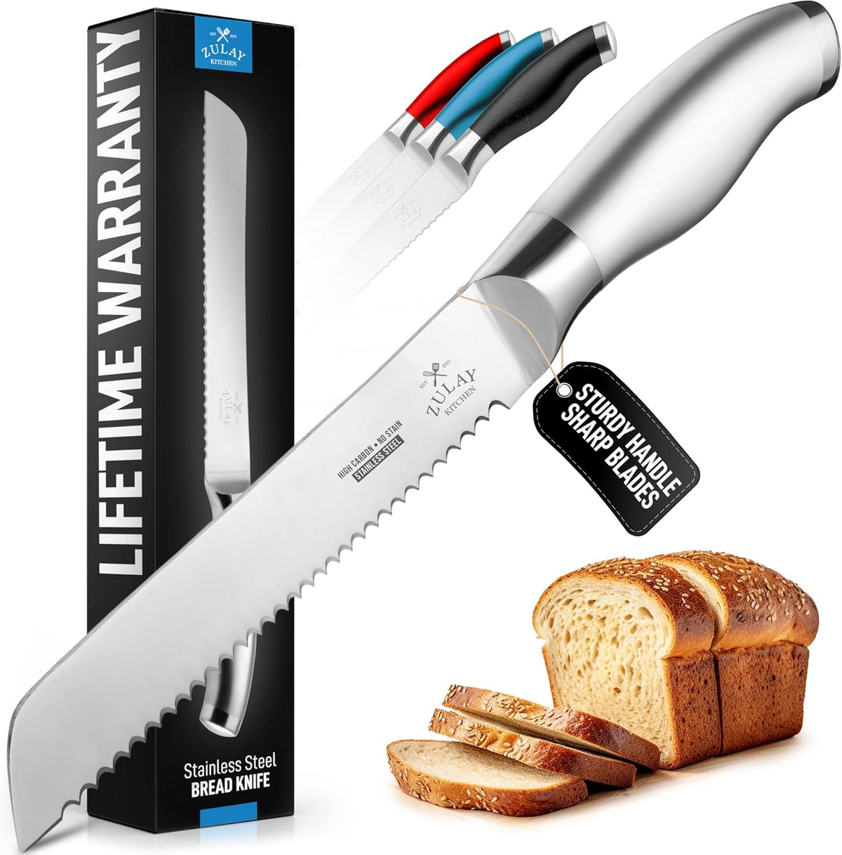 Bread Knife for Homemade Bread – Ultra Sharp 13-Inch Stainless Steel Serrated Knife for Sourdough, Bagels – Wavy Blade Edge Cutter & Slicer with Sturdy Handle, Great Gift – Silver