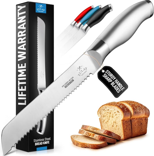 Bread Knife for Homemade Bread – Ultra Sharp 13-Inch Stainless Steel Serrated Knife for Sourdough, Bagels – Wavy Blade Edge Cutter & Slicer with Sturdy Handle, Great Gift – Silver