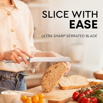 Bread Knife for Homemade Bread – Ultra Sharp 13-Inch Stainless Steel Serrated Knife for Sourdough, Bagels – Wavy Blade Edge Cutter & Slicer with Sturdy Handle, Great Gift – Silver