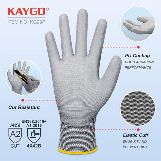 Cut Resistant Gloves, PU Coated, For Safety Work | ANSI Cut Resistant Level A2, Industrial Yarn & Glass Fiber Liner, for Mechanics, Construction, Warehouse