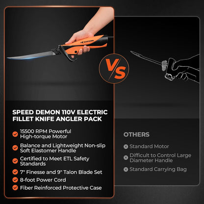 Speed Demon 110v Electric Fillet Knife for Fish | 7"&9" Blades, 15500 RPM AC Motor, 420 Stainless Blade, Non-Slip Grip & Safety Lock, 8 Foot Power Cord, Protective Case