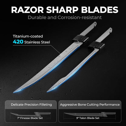 Speed Demon 110v Electric Fillet Knife for Fish | 7"&9" Blades, 15500 RPM AC Motor, 420 Stainless Blade, Non-Slip Grip & Safety Lock, 8 Foot Power Cord, Protective Case