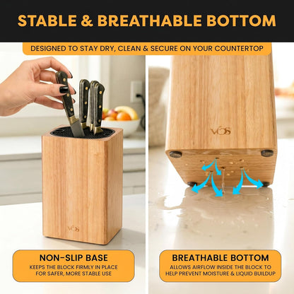 Universal Knife Block - Countertop Knife Block Without Knives - Knife Holder with Non-Slip Base Sturdy Knife Organizer - Space Saving Knife Stand, Sleek & Modern Knife Rack - Bamboo
