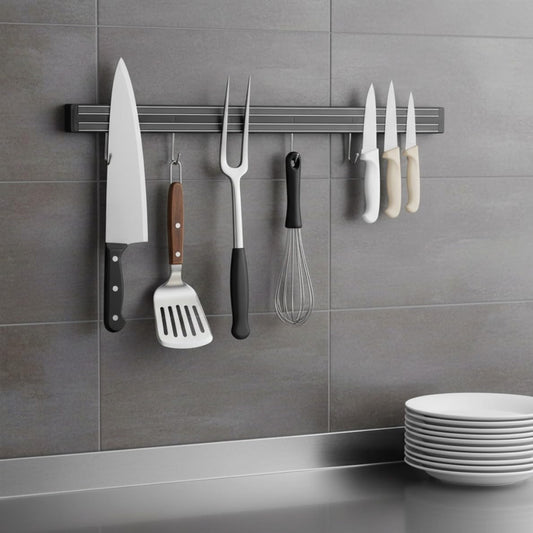 24" Magnetic Knife Holder Black with Plastic Base Dual Magnetic Strips Wall Mount Knife Rack with Optional Hanging Hooks for Kitchen Tool Storage
