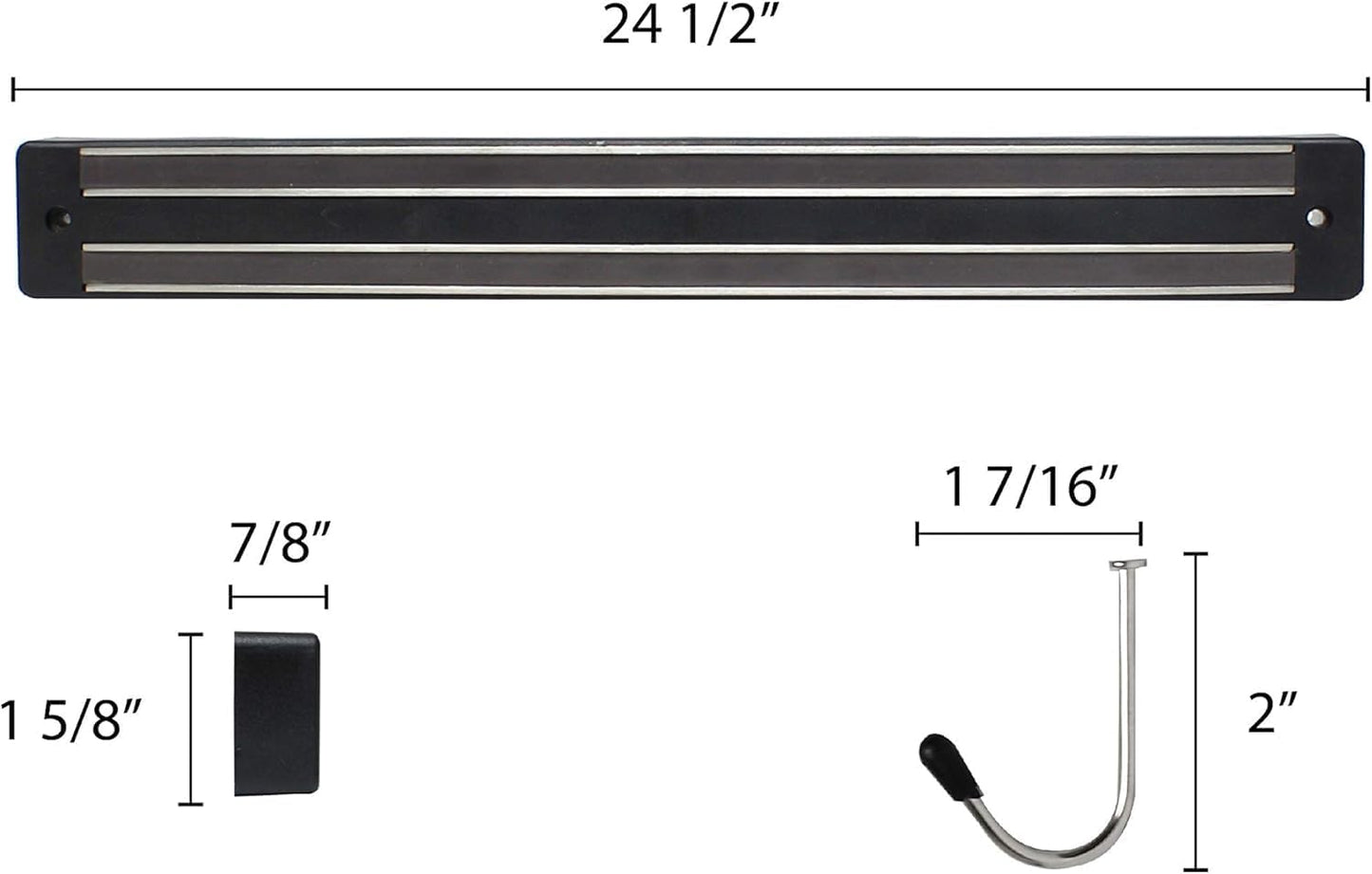 24" Magnetic Knife Holder Black with Plastic Base Dual Magnetic Strips Wall Mount Knife Rack with Optional Hanging Hooks for Kitchen Tool Storage
