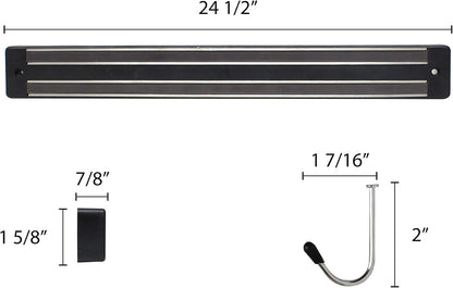 24" Magnetic Knife Holder Black with Plastic Base Dual Magnetic Strips Wall Mount Knife Rack with Optional Hanging Hooks for Kitchen Tool Storage