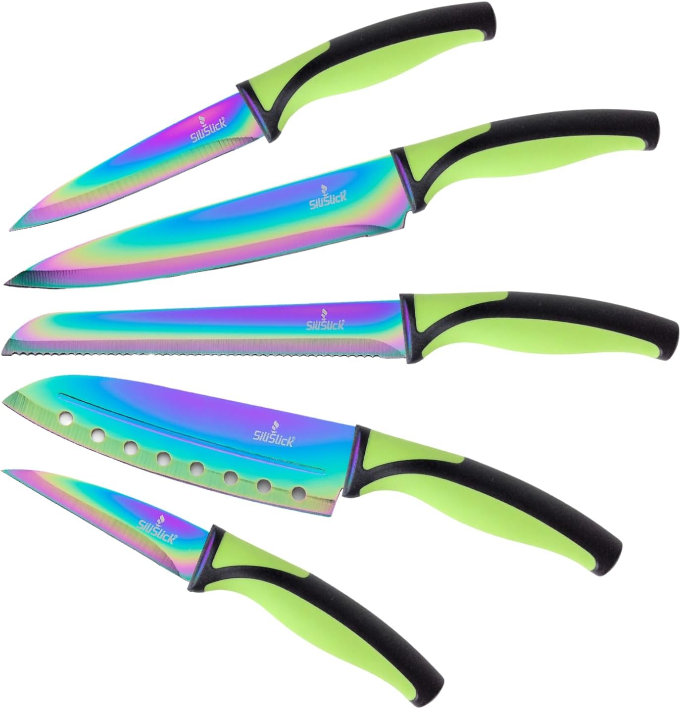 Kitchen Knife Set, Rainbow Titanium Coated Blades, High Carbon Stainless Steel, Chef, Santoku, Bread, Utility and Pairing Knives, Ergonomic Better Grip Handles