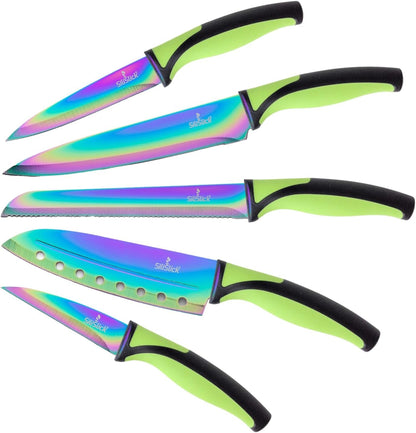 Kitchen Knife Set, Rainbow Titanium Coated Blades, High Carbon Stainless Steel, Chef, Santoku, Bread, Utility and Pairing Knives, Ergonomic Better Grip Handles