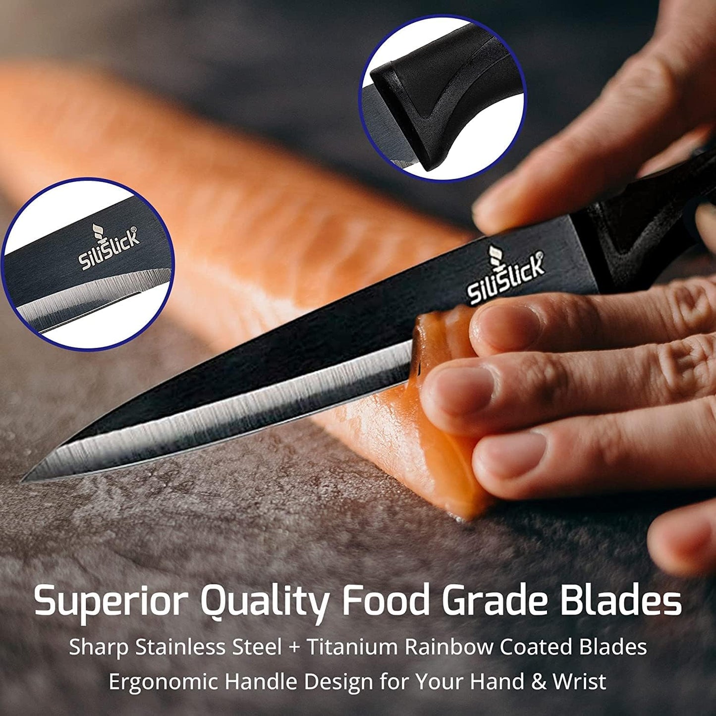 Kitchen Knife Set, Rainbow Titanium Coated Blades, High Carbon Stainless Steel, Chef, Santoku, Bread, Utility and Pairing Knives, Ergonomic Better Grip Handles
