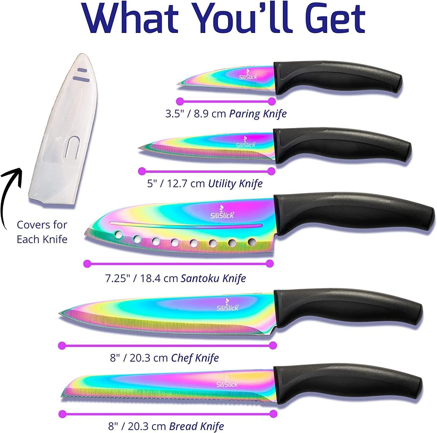 Kitchen Knife Set, Rainbow Titanium Coated Blades, High Carbon Stainless Steel, Chef, Santoku, Bread, Utility and Pairing Knives, Ergonomic Better Grip Handles