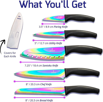 Kitchen Knife Set, Rainbow Titanium Coated Blades, High Carbon Stainless Steel, Chef, Santoku, Bread, Utility and Pairing Knives, Ergonomic Better Grip Handles