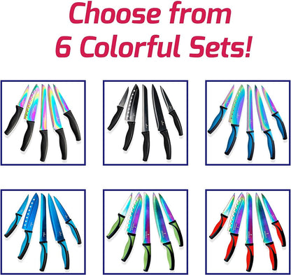Kitchen Knife Set, Rainbow Titanium Coated Blades, High Carbon Stainless Steel, Chef, Santoku, Bread, Utility and Pairing Knives, Ergonomic Better Grip Handles
