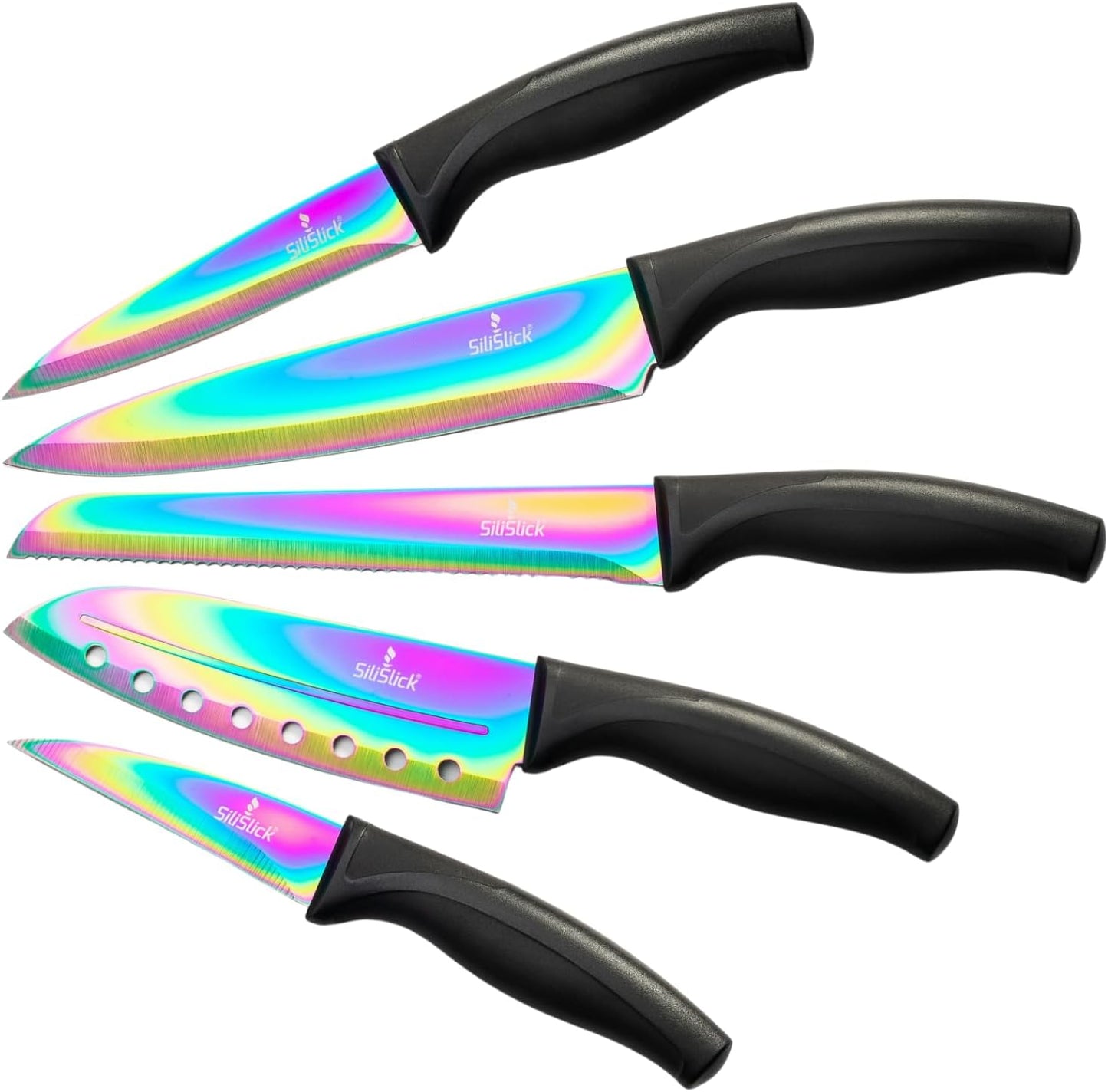 Kitchen Knife Set, Rainbow Titanium Coated Blades, High Carbon Stainless Steel, Chef, Santoku, Bread, Utility and Pairing Knives, Ergonomic Better Grip Handles