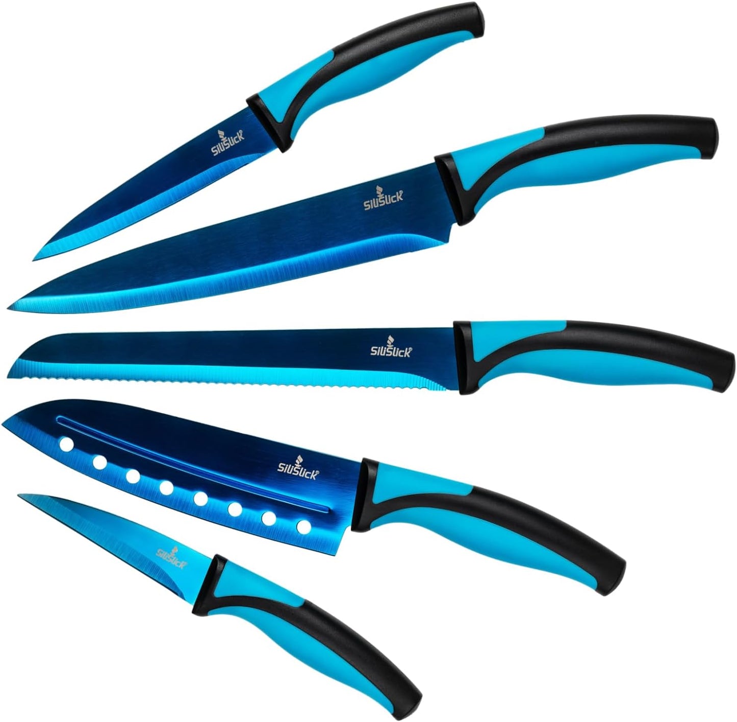 Kitchen Knife Set, Rainbow Titanium Coated Blades, High Carbon Stainless Steel, Chef, Santoku, Bread, Utility and Pairing Knives, Ergonomic Better Grip Handles