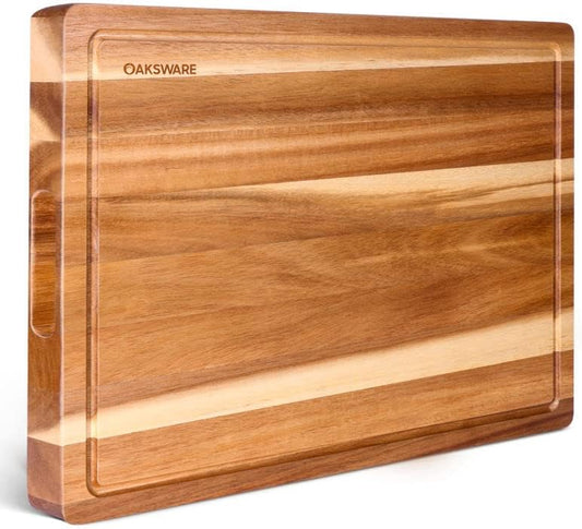 BEZIA 16.5" x 13" Acacia Wood Cutting Board, Durable Kitchen Prep Station | Deep Juice Grooves, Side Handles, Pre-Oiled Surface, Ideal for Daily Meal Prep, Expert Carving, Serving & Kitchen Decor