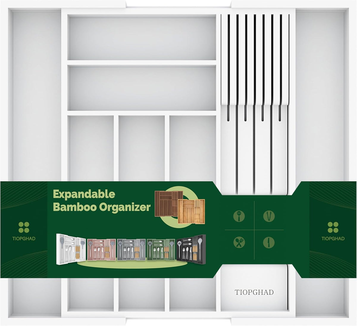 Expandable Bamboo Silverware Drawer Organizer Kitchen Tray, White