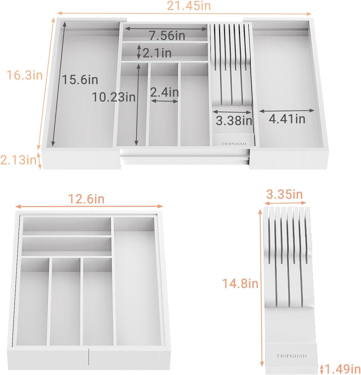Expandable Bamboo Silverware Drawer Organizer Kitchen Tray, White