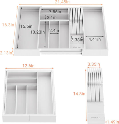 Expandable Bamboo Silverware Drawer Organizer Kitchen Tray, White