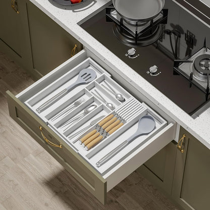 Expandable Bamboo Silverware Drawer Organizer Kitchen Tray, White