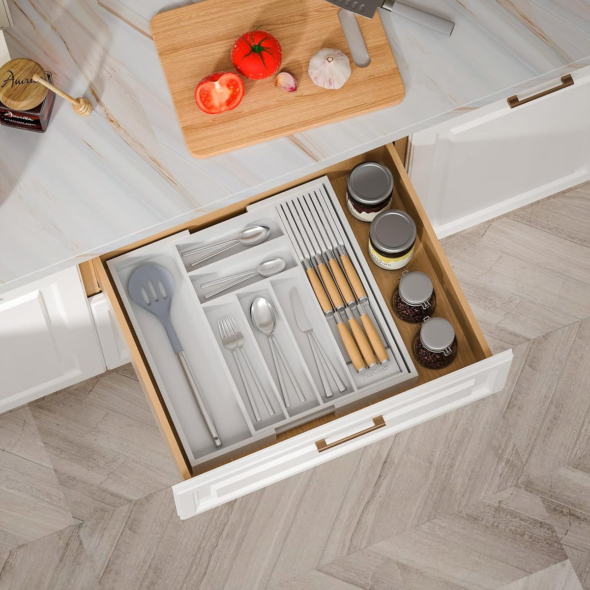 Expandable Bamboo Silverware Drawer Organizer Kitchen Tray, White