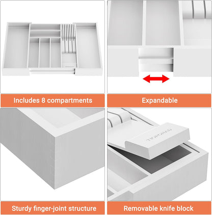 Expandable Bamboo Silverware Drawer Organizer Kitchen Tray, White