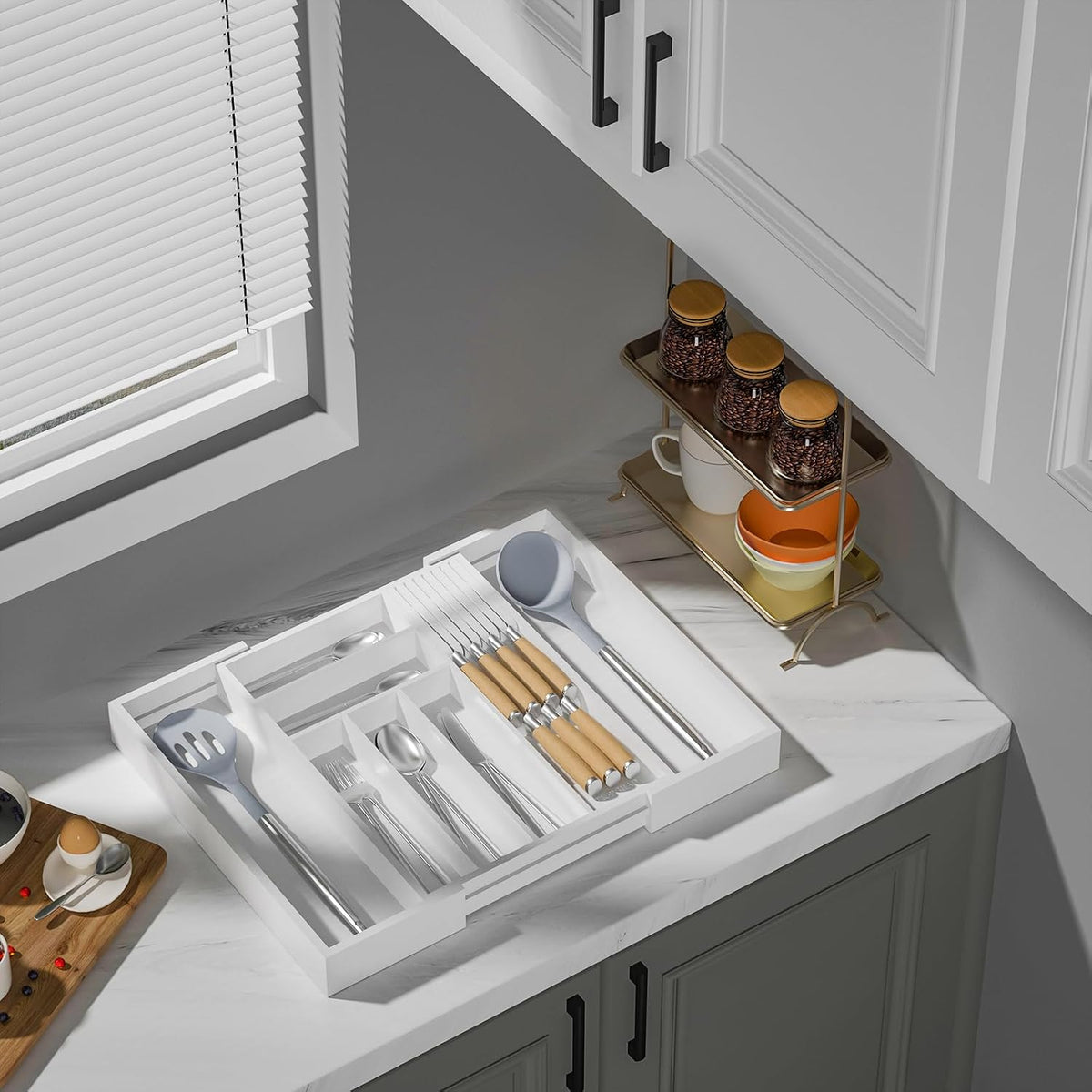 Expandable Bamboo Silverware Drawer Organizer Kitchen Tray, White