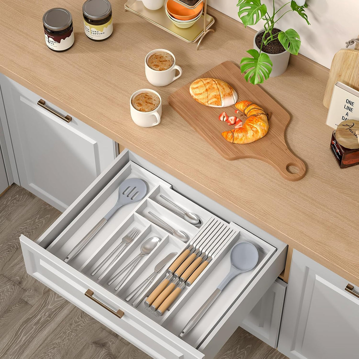 Expandable Bamboo Silverware Drawer Organizer Kitchen Tray, White