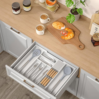 Expandable Bamboo Silverware Drawer Organizer Kitchen Tray, White