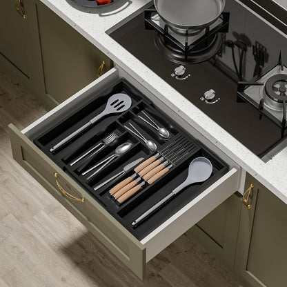 Expandable Bamboo Silverware Drawer Organizer Kitchen Tray, White