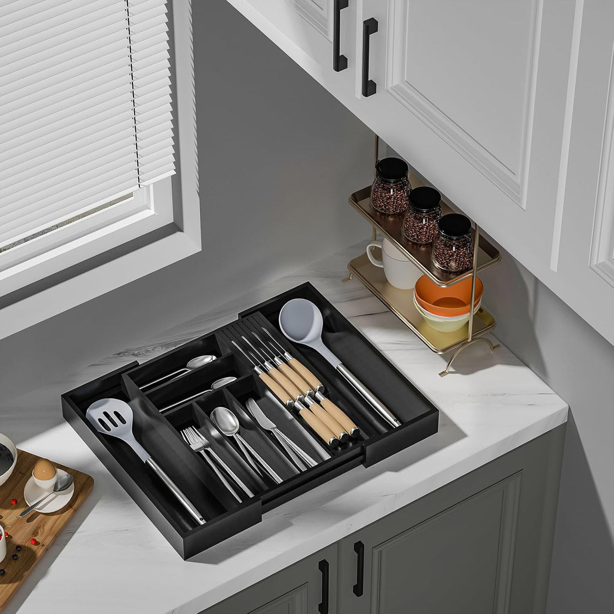 Expandable Bamboo Silverware Drawer Organizer Kitchen Tray, White