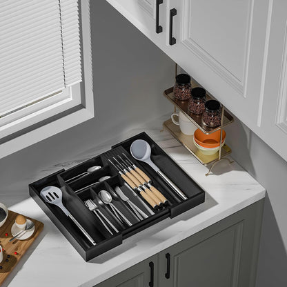 Expandable Bamboo Silverware Drawer Organizer Kitchen Tray, White