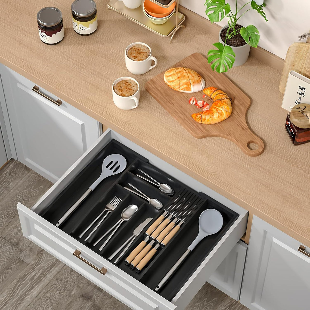 Expandable Bamboo Silverware Drawer Organizer Kitchen Tray, White