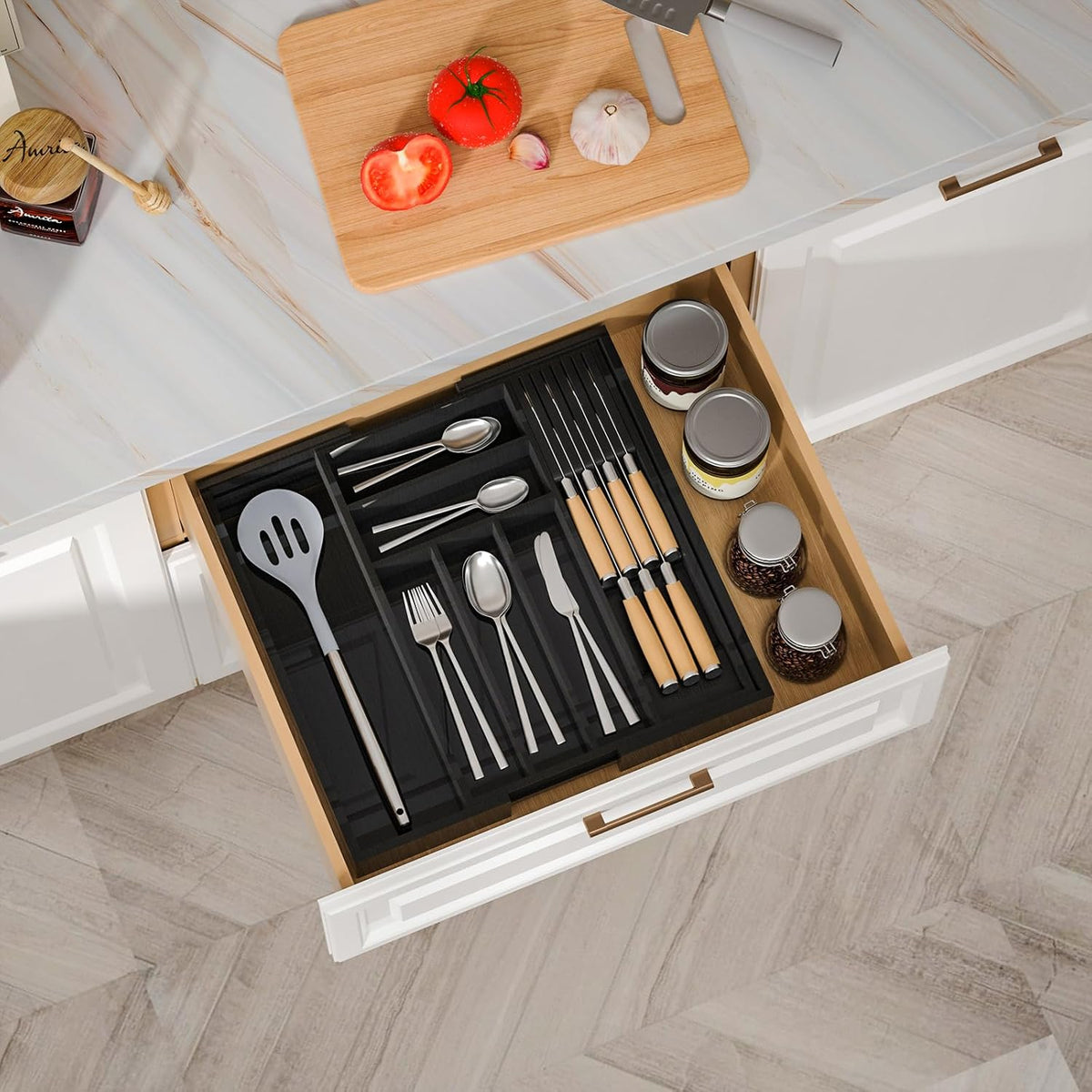 Expandable Bamboo Silverware Drawer Organizer Kitchen Tray, White